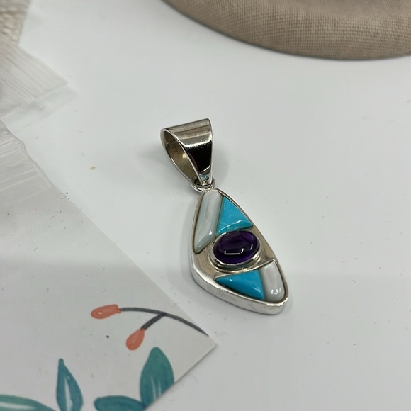 🌊 Jay King Mine Finds 925 Silver Turquoise, Amethyst & MOP Eye Pendant - Picture 4 of 10
